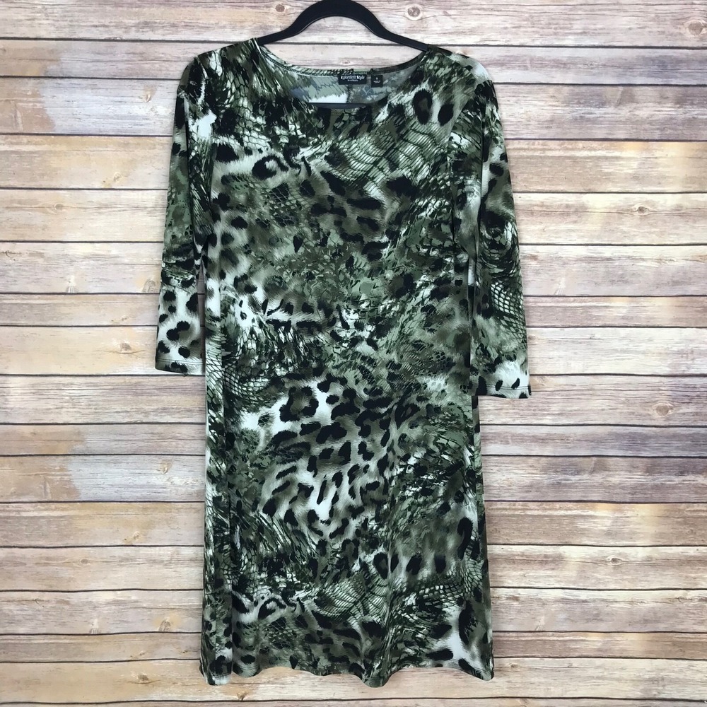 Effortless Style Citiknits Dress Women S Green Leopard Shift 3/4 Sleeve Pullover